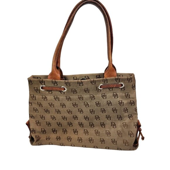 Dooney & Bourke Khaki Signature Monogram Canvas Tan Leather Tassel Tote - Picture 2 of 16